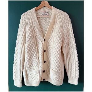 Vintage Irish Wool Handknit Sweater Cardigan Cream Fisherman Chunky Med Large
